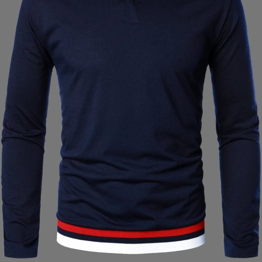 Casual Navy Blue Trim Men's Polo Shirt w/Red and White Stripes - Picture 6 of 9